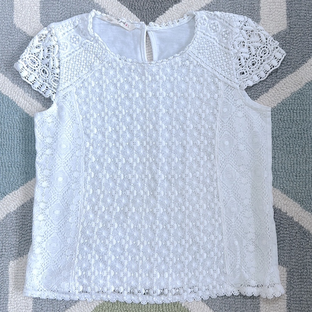 Vanilla Star Girls White Cotton Lace Tee, Size L